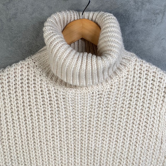 H&M Sweater Vest Women Large Cream Turtleneck Chunky Oversized Preppy Fisherman - Picture 3 of 5